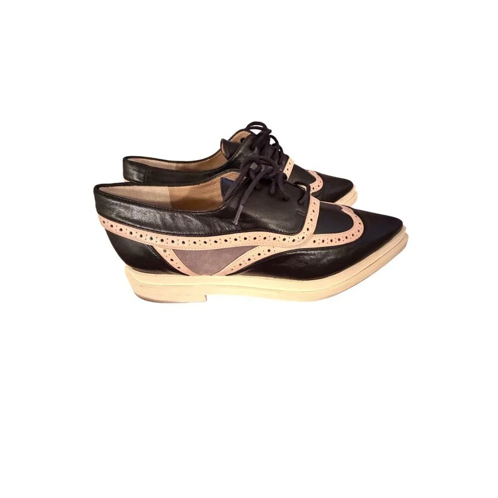 Annaisha Womens Lace-up Shoes Derby Size 38 Black Leather Pointed Toe Spain New